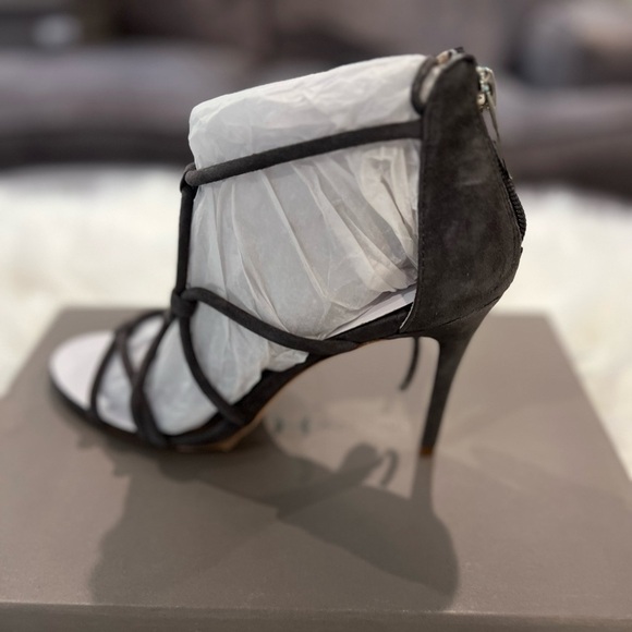 NWT. Halston Heritage Brielle Grey Kid Suede Caged Ankle Tie Stilleto Sandal. - Picture 7 of 8